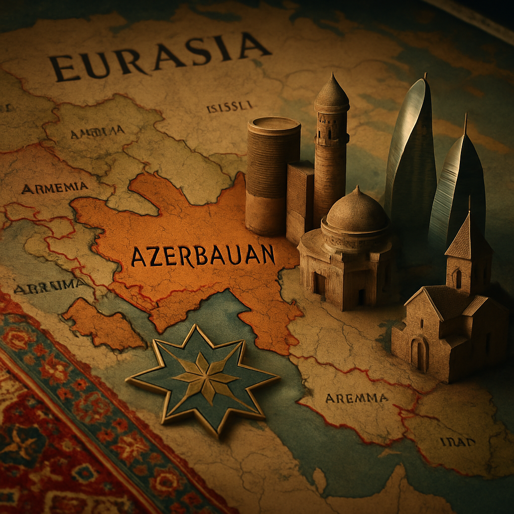 An artistic representation of Azerbaijans central role in Eurasian geopolitics, illustrating cultural ties and