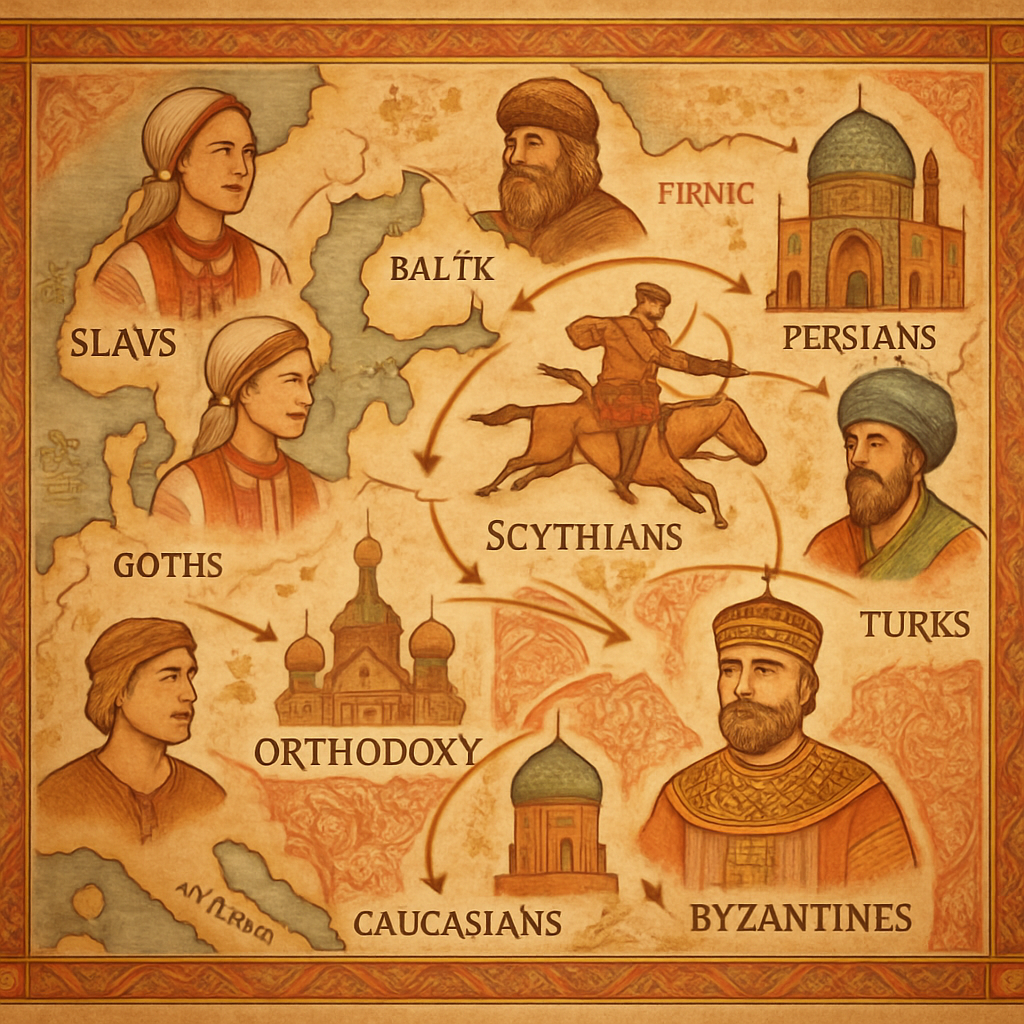 An artistic representation of an ethnopolitical map showing the historical and cultural ties between